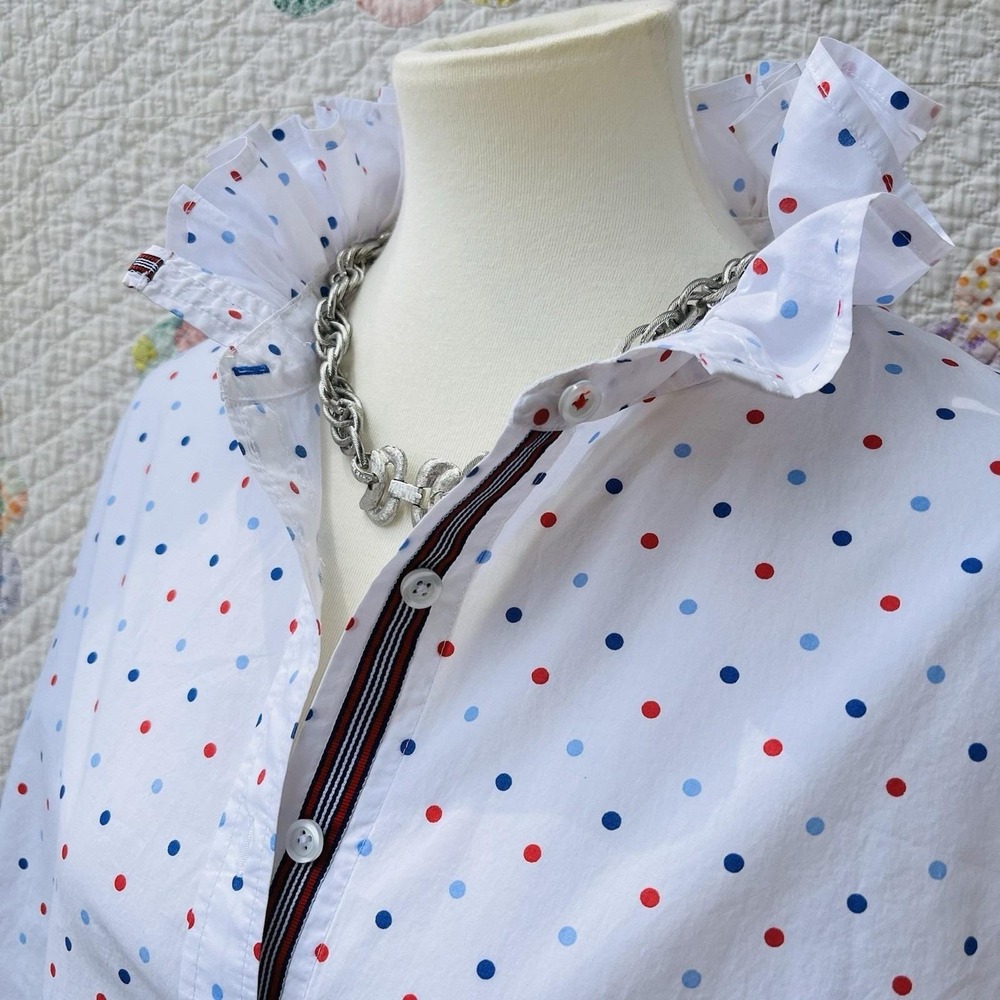 Upcycled Reworked Talbots White w/ Red & Blue Polka Dot Ruffle Collar Shirt 3XL